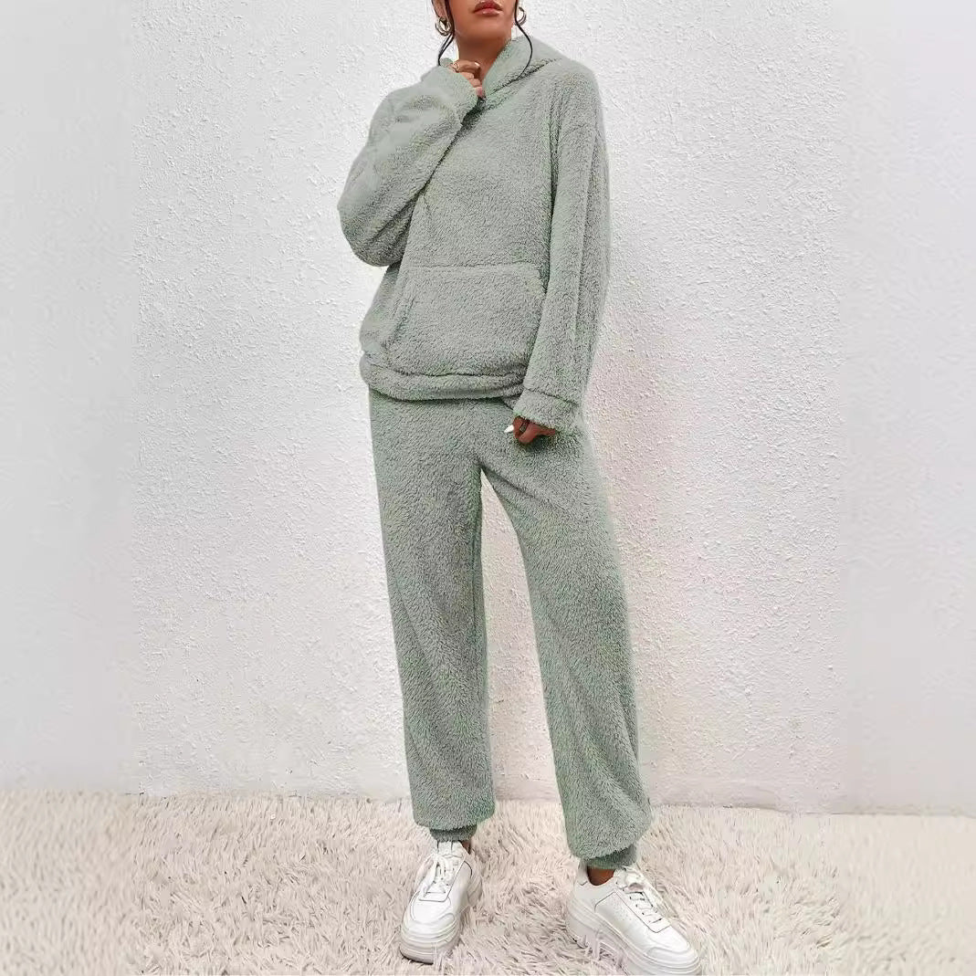 Winter Plush Pajama Set Fashion Casual Hooded Top and Elastic Band Pants Warm Set - Serenity Spaces
