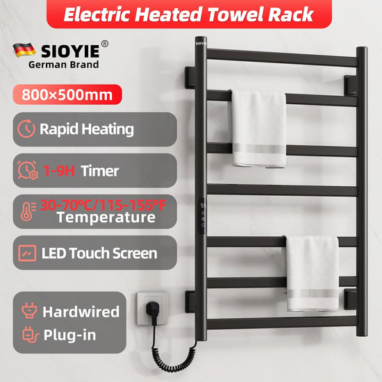 SIOYIE Towel Warmer Bathroom Wall Mounted 6 Bars Electric Towel Drying, 150 W 500 800 MM Heated Towel Rack With Intelligent Touch Screen Timer And Temperature Control Black Left - Serenity Spaces