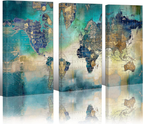 Canvas Wall Art for Living Room - World Map Wall Decor - Large Wall Art for Bedroom - Office Artwork - Map Wall Art 16"X32" 3 Piece Canvas Wall Art