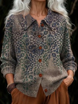 Printed Lapel Sweater Fashion Casual Long - sleeved Button Pullover Top Knitted Clothing For Women - Serenity Spaces
