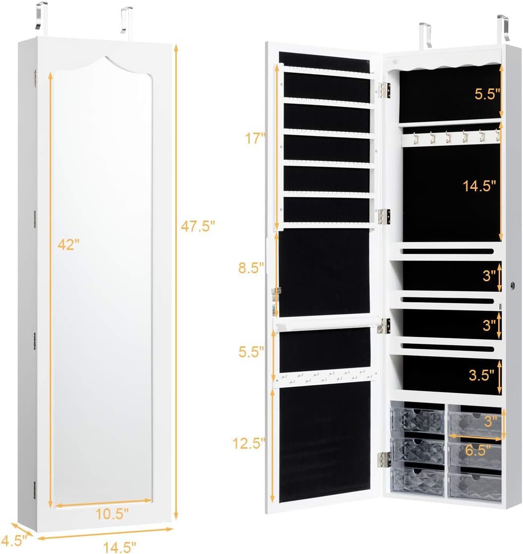 Jewelry Cabinet Armoire, Wall Mount Door Hanging, Lockable Jewelry Organizer with 47.5&