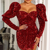 Sequin Backless Padded Shoulder Bubble Sleeve Party Dresses For Women - Serenity Spaces