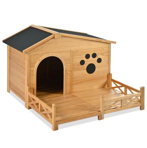48 Wooden Dog House Outdoor With Porch, Dog Kennel With Water - Resistant Asphalt Roof And Fencing,Indoor & Outdoor Dog Crate With Paw Print, Medium, Nature - Serenity Spaces