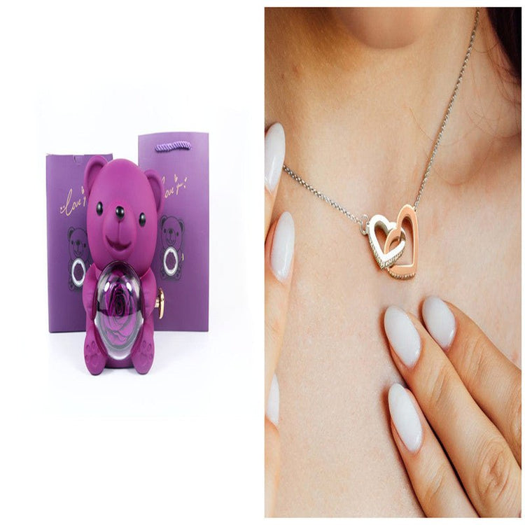Eternal Rose Teddy Bear Gifts Box With Necklace Rotate Rose Jewelry Box Valentine Wedding Storage Gift Case For Women Girlfriend - Serenity Spaces