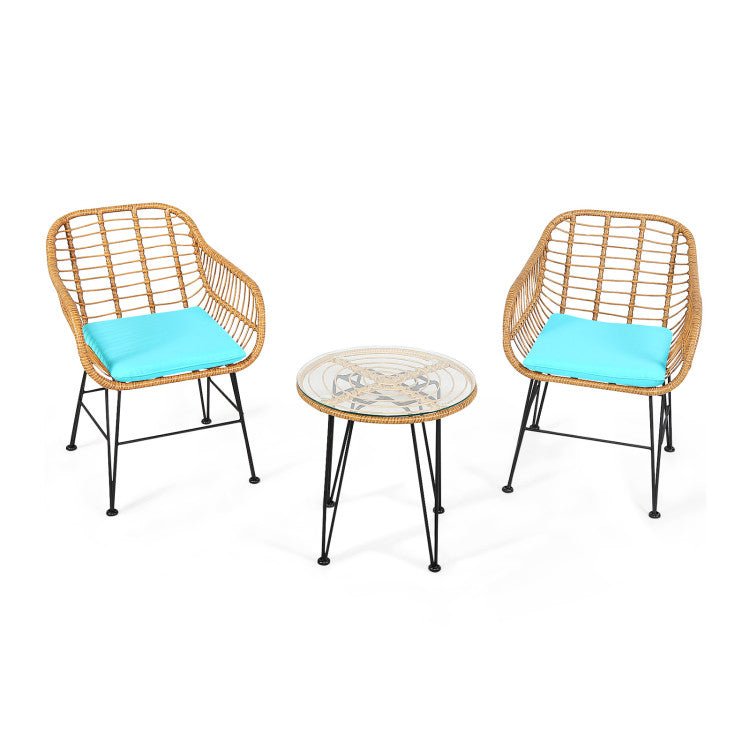 3 Pieces Rattan Furniture Set With Cushioned Chair Table - Serenity Spaces