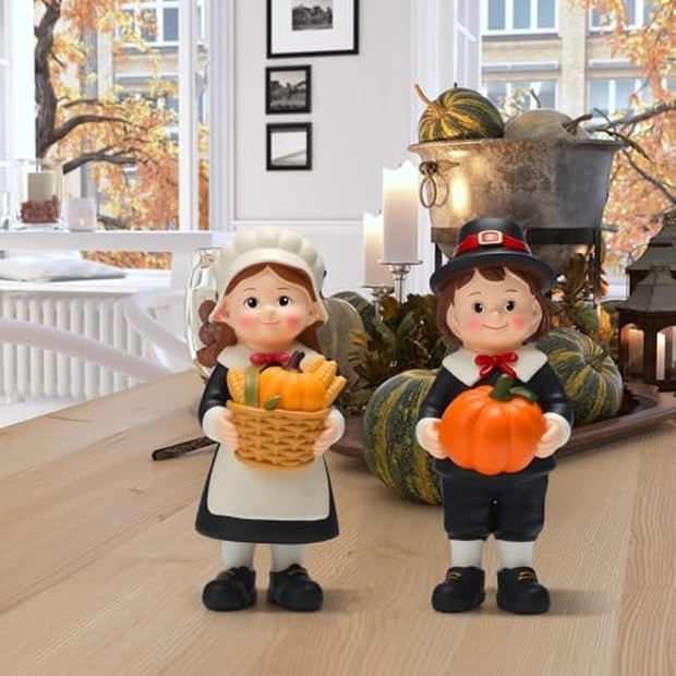 Pack Figurines Thanksgiving Statues Resin Tabletop 2 Fall Pilgrim Couple