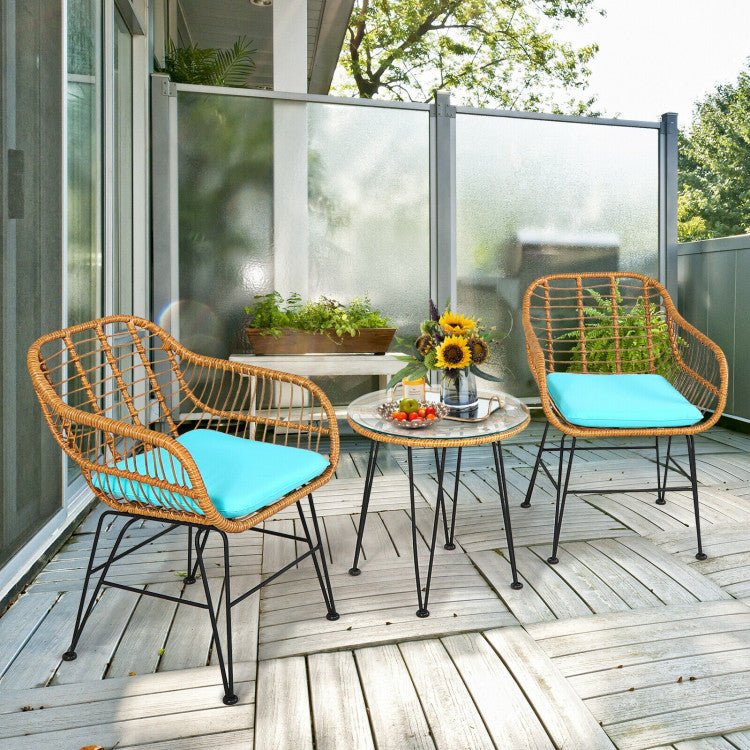 3 Pieces Rattan Furniture Set With Cushioned Chair Table - Serenity Spaces