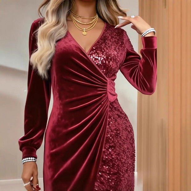 Fashionable V - neck Sequin Velvet Bodycon Dress - Serenity Spaces