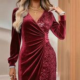 Fashionable V - neck Sequin Velvet Bodycon Dress - Serenity Spaces