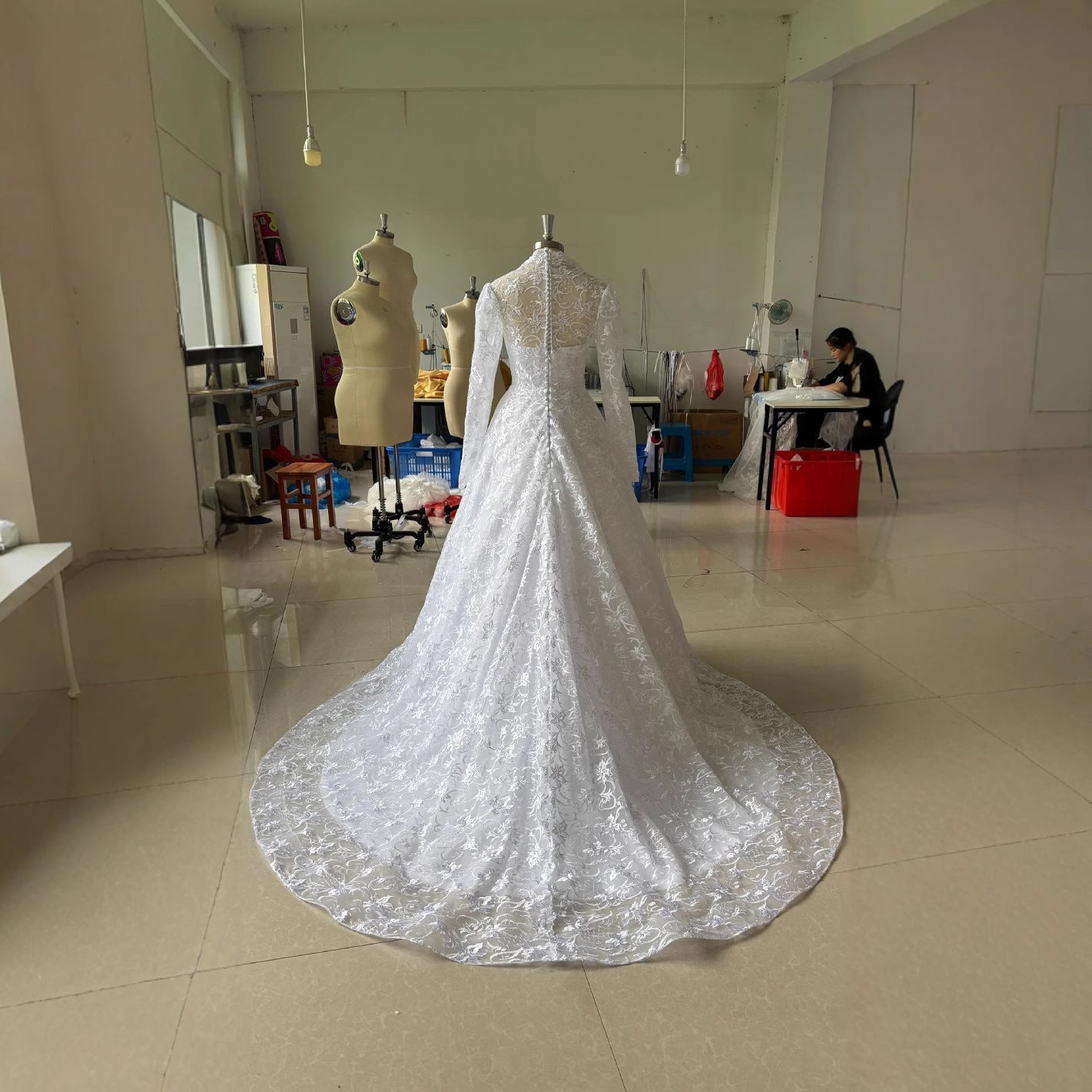 Embroidered Long Sleeve Trailing Wedding Dress - Serenity Spaces