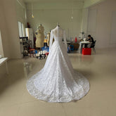Embroidered Long Sleeve Trailing Wedding Dress - Serenity Spaces