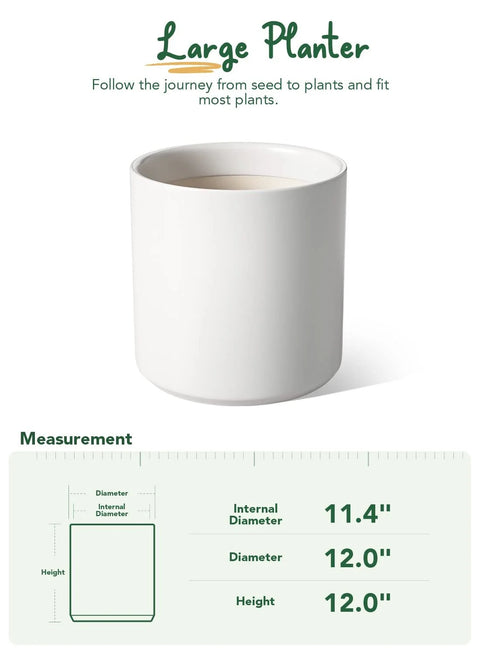12" Ceramic Plant Pot, Large Indoor Outdoor Planter for Plants, Mid-Century Modern White Flower Pot with Drainage Hole and Plug (Plant Not Included)