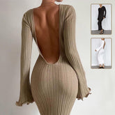 Fashion Slim Long - sleeved Ruffled Long Dress Sexy Hip - wrapped Back - less Knitted Maxi Dresses For Party Beach Womens Clothing - Serenity Spaces