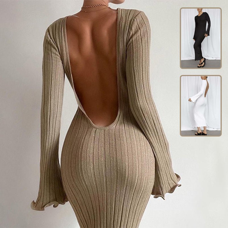 Fashion Slim Long - sleeved Ruffled Long Dress Sexy Hip - wrapped Back - less Knitted Maxi Dresses For Party Beach Womens Clothing - Serenity Spaces