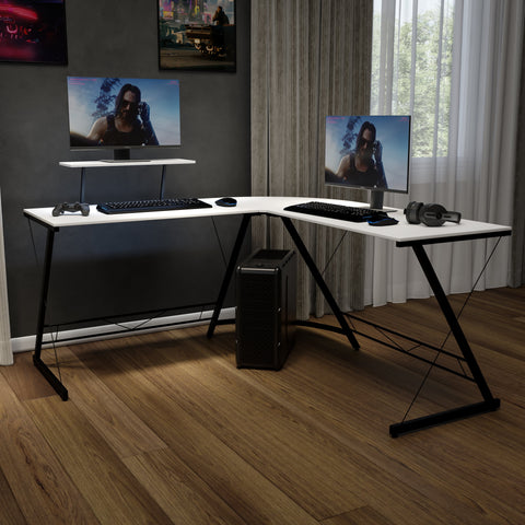 L-Shaped Computer White Desk, Gaming Desk, Home Office Desk, Black Frame
