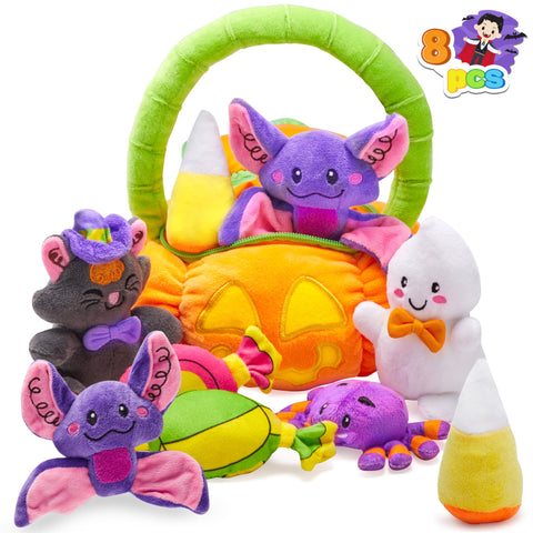 8 Pcs Halloween Basket with Stuffed Plush,Halloween Gift Basket Stuffers for Baby Kids Toddler,Halloween Toys,Halloween Pumpkin Decorations
