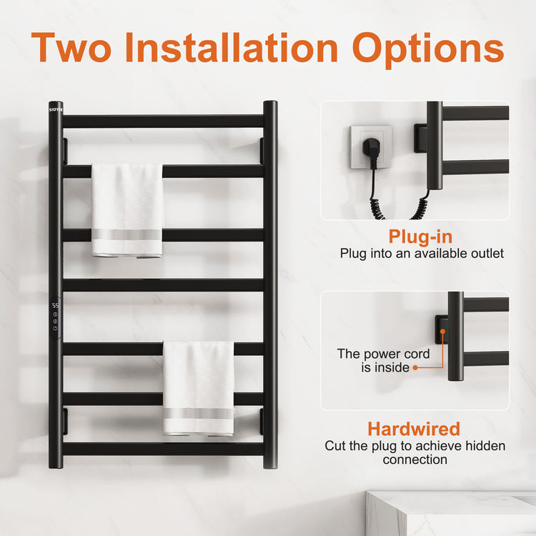 SIOYIE Towel Warmer Bathroom Wall Mounted 6 Bars Electric Towel Drying, 150 W 500 800 MM Heated Towel Rack With Intelligent Touch Screen Timer And Temperature Control Black Left - Serenity Spaces