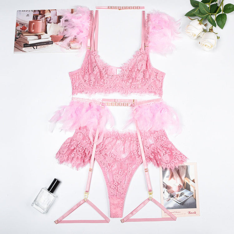 Feather Sexy Lingerie Lace Women Underwear Bra Panty - Serenity Spaces
