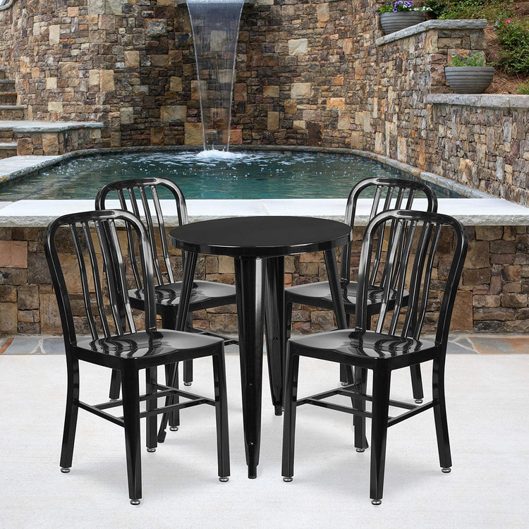 Thomas Commercial Grade 24" round Black Metal Indoor - Outdoor Table Set with 4 Vertical Slat Back Chairs - Serenity Spaces