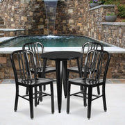 Thomas Commercial Grade 24" round Black Metal Indoor-Outdoor Table Set with 4 Vertical Slat Back Chairs