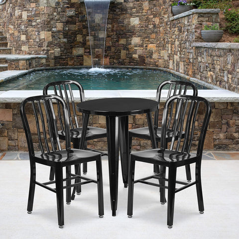 Thomas Commercial Grade 24" round Black Metal Indoor-Outdoor Table Set with 4 Vertical Slat Back Chairs