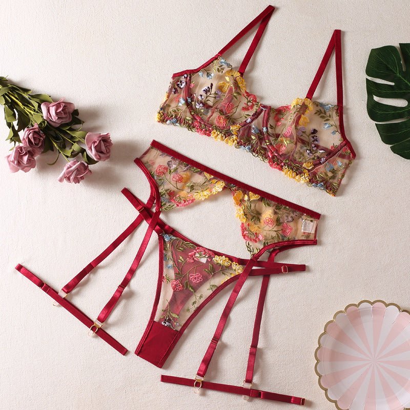 Ellolace Lingerie Sensual Lace Underwear Transparent Embroidery 3 - Piece Garters - Serenity Spaces