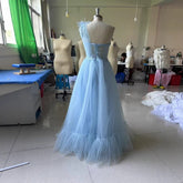 Blue One - shoulder Feather Wedding Dress - Serenity Spaces