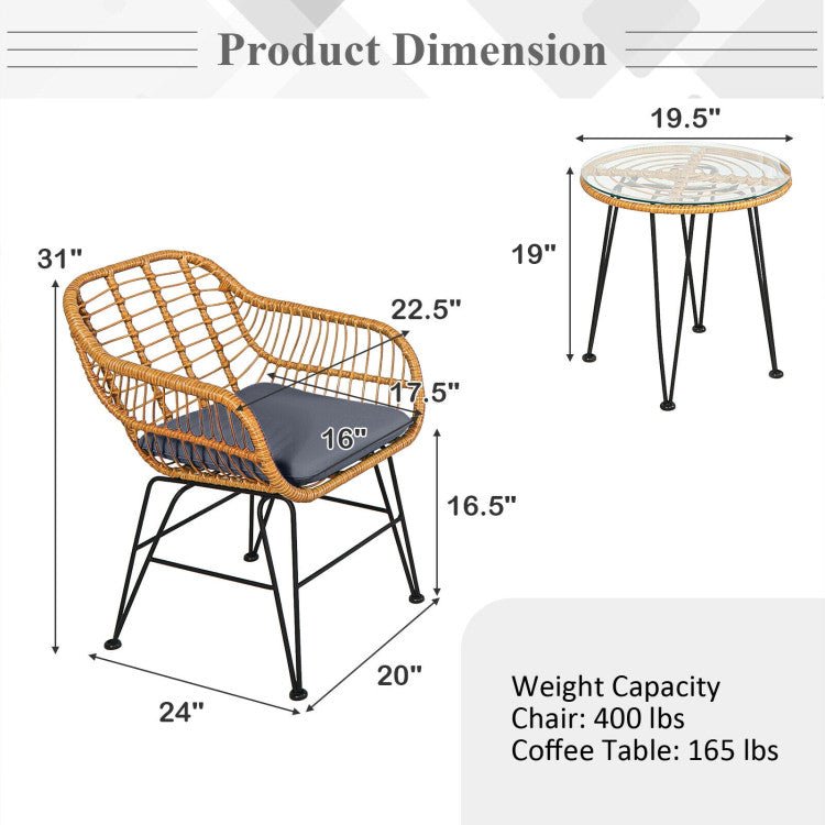 3 Pieces Rattan Furniture Set With Cushioned Chair Table - Serenity Spaces