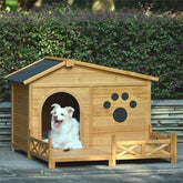 48 Wooden Dog House Outdoor With Porch, Dog Kennel With Water - Resistant Asphalt Roof And Fencing,Indoor & Outdoor Dog Crate With Paw Print, Medium, Nature - Serenity Spaces