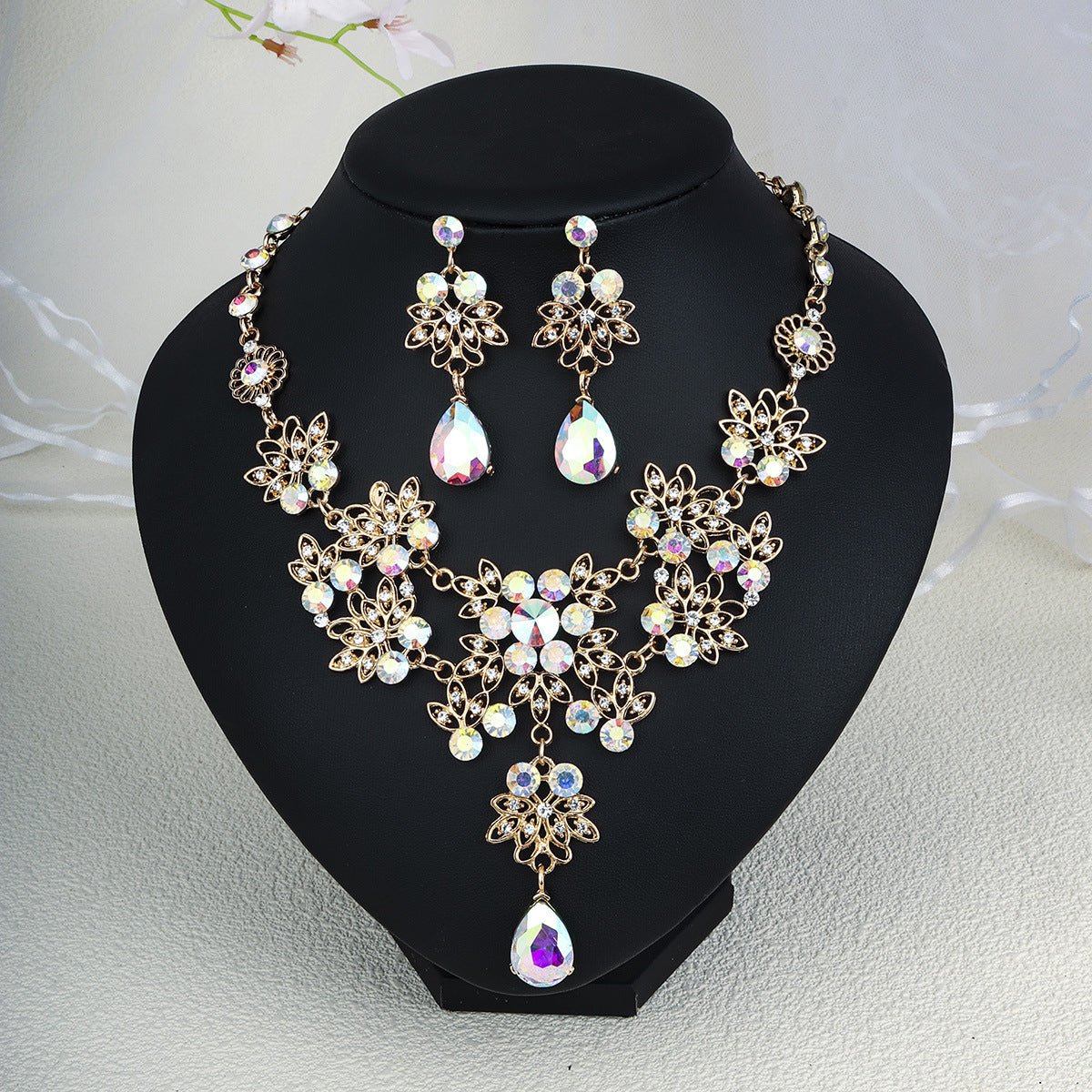Rhinestone Pearl Earrings And Necklace Set Women - Serenity Spaces