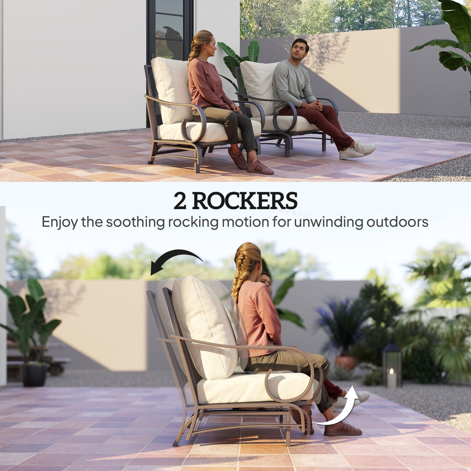 5 Piece Backyard Patio Furniture Set, Outdoor Furniture Set With 2 Rocking Chairs, 3 - Seat Sofa, And 2 Ottomans, Beige - Serenity Spaces