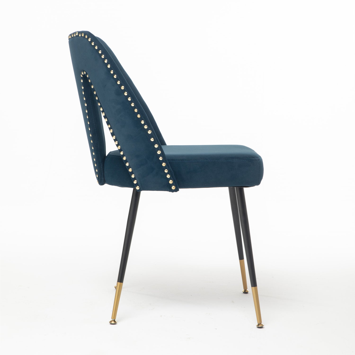 A&A Furniture,Akoya Collection Modern Contemporary Velvet Upholstered Dining Chair With Nailheads And Gold Tipped Black Metal Legs,Blue,Set Of 2 - Serenity Spaces