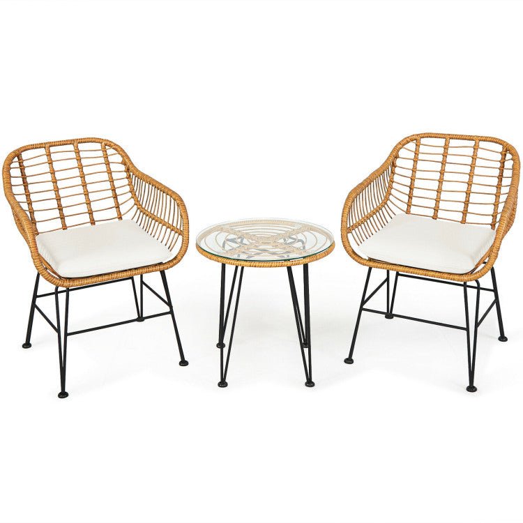 3 Pieces Rattan Furniture Set With Cushioned Chair Table - Serenity Spaces