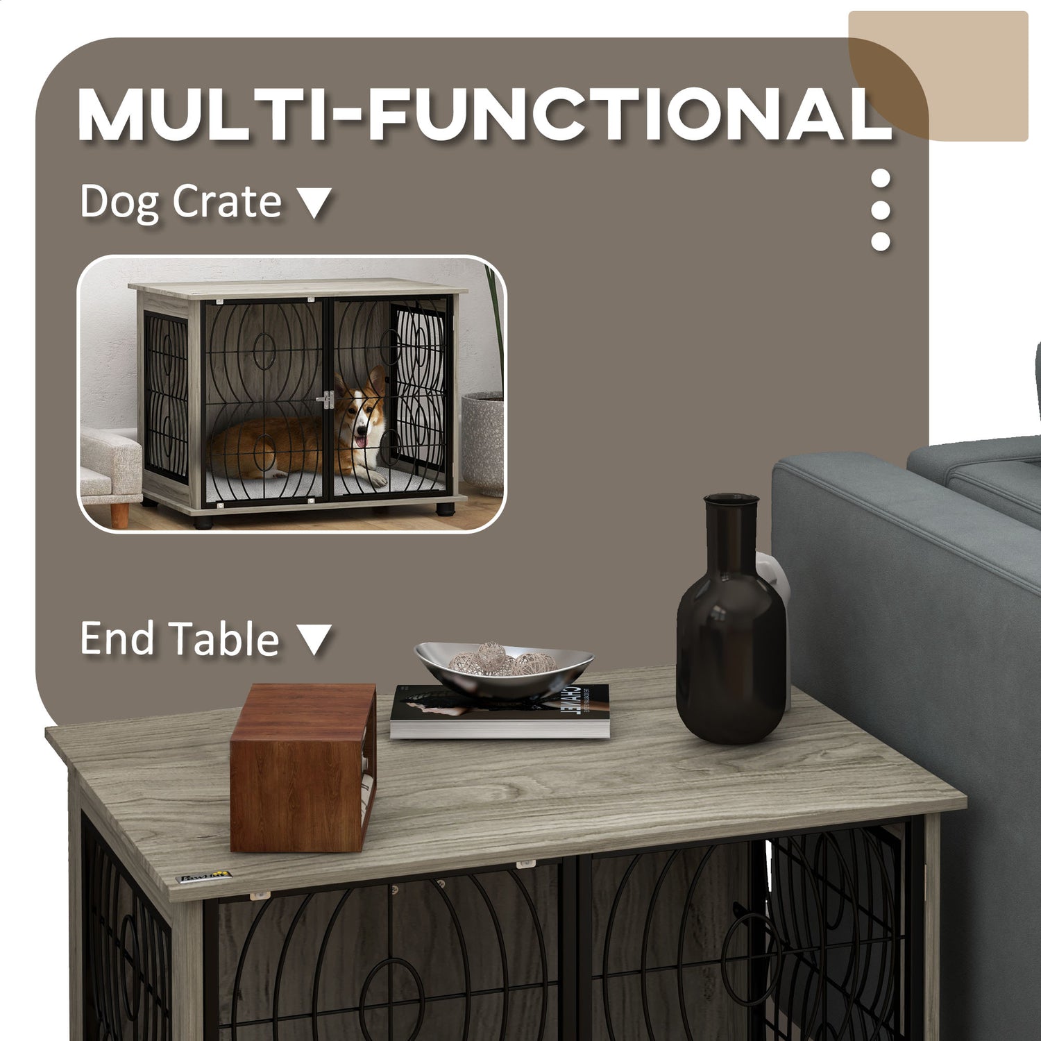PawHut Indoor Dog Crate Furniture End Table W/ Plush Washable Cushion, Lockable Door, For Medium Dogs - Serenity Spaces