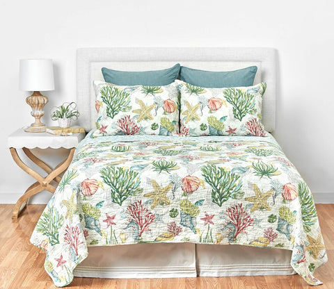 Shellwood Sound King 3 Piece Quilt Set Summer Beach Ocean Coastal Reversible Machine Washable Lightweight Bedspread Coverlet King 3 Piece Set Blue