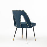 A&A Furniture,Akoya Collection Modern Contemporary Velvet Upholstered Dining Chair With Nailheads And Gold Tipped Black Metal Legs,Blue,Set Of 2 - Serenity Spaces