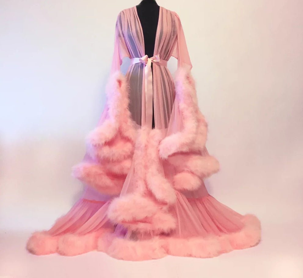 lingerie Women Fur Robe Hot See Through Mature Women Sexy Nightgowns Long Bridal Robes - Serenity Spaces