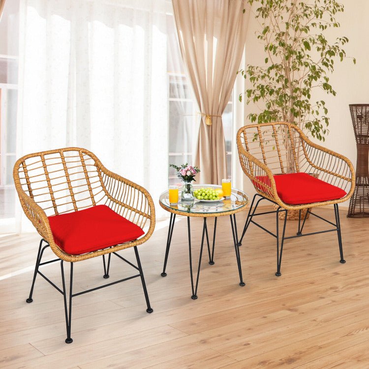 3 Pieces Rattan Furniture Set With Cushioned Chair Table - Serenity Spaces