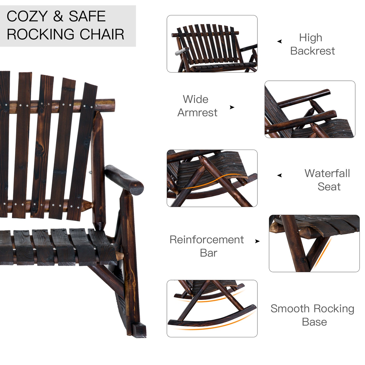 Classic Wooden High - Back Rocker, Carbonized For Garden Serenity & Relaxation, Durable Outdoor Furniture - Serenity Spaces