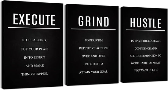 Hustle Grind Execute Wall Art Set - 3 Pieces 16"X24" Motivational Canvas Wall Art with Wooden Frame, Inspirational Quotes Decor for Office & Home Motivational Posters, Office & Gym Decor - Serenity Spaces