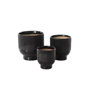 9 In., 8 In. and 6 In. Small Black Ceramic Speckled Planter with Linear Grooves and Tapered Bases (3-Pack)
