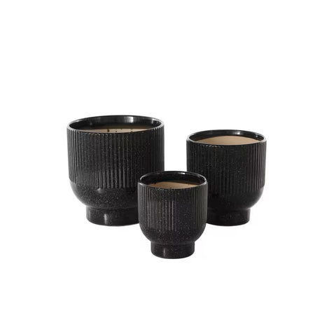 9 In., 8 In. and 6 In. Small Black Ceramic Speckled Planter with Linear Grooves and Tapered Bases (3-Pack)
