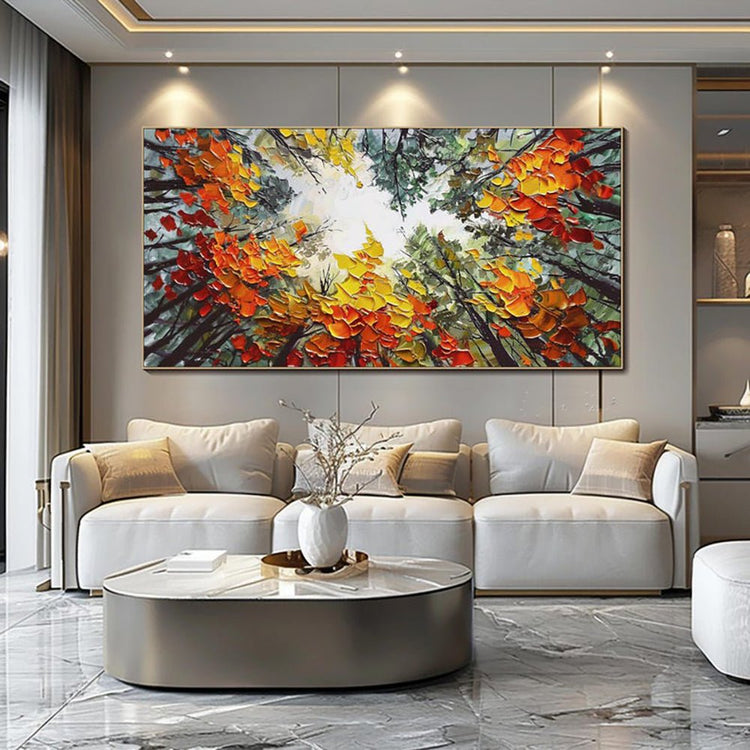 Modern Brich Treescape Landscape Canvas Artwork Handpainted Orange Forest Thick Oil Painting Natural Home Wall Decor - Serenity Spaces