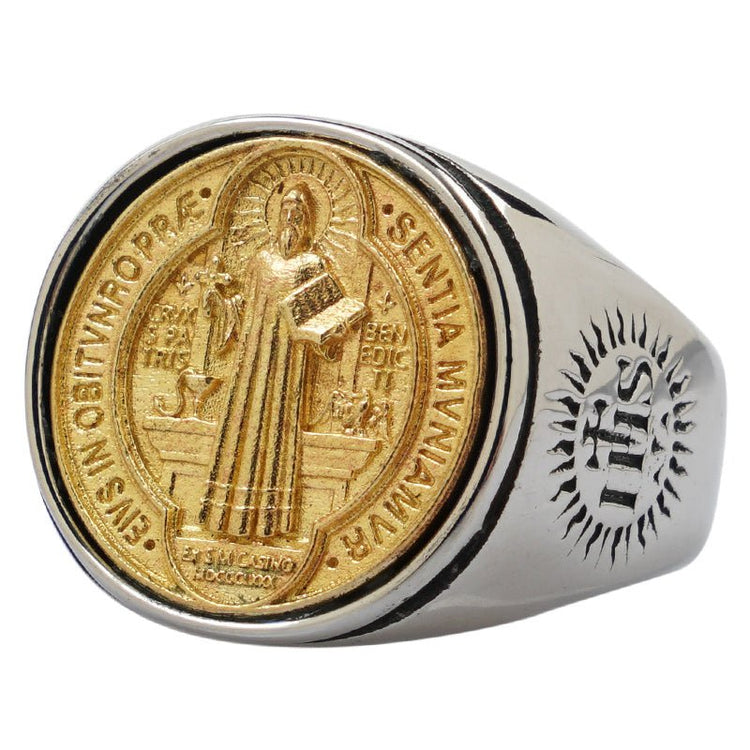 Christian Order Of St. Benedict In Titanium And Bronze Ring - Serenity Spaces