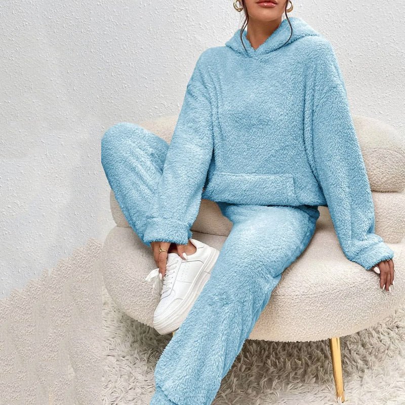 Winter Plush Pajama Set Fashion Casual Hooded Top and Elastic Band Pants Warm Set - Serenity Spaces