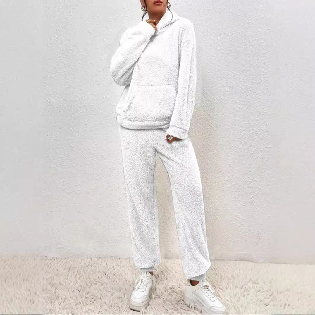 Winter Plush Pajama Set Fashion Casual Hooded Top and Elastic Band Pants Warm Set - Serenity Spaces