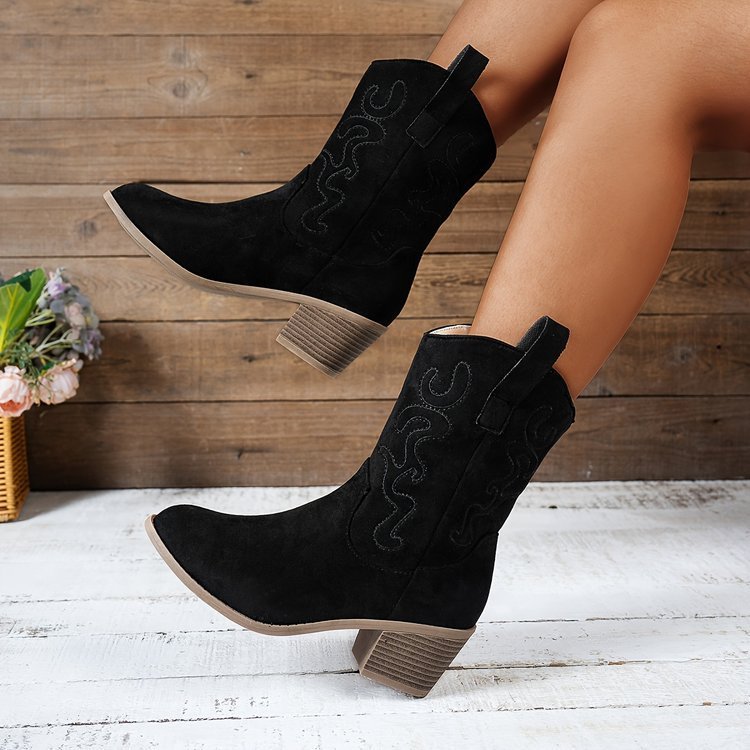 Pointed Toe Western Boots Fashion Retro Embroidered Chunky Square - heeled Mid - calf Boot For Women - Serenity Spaces