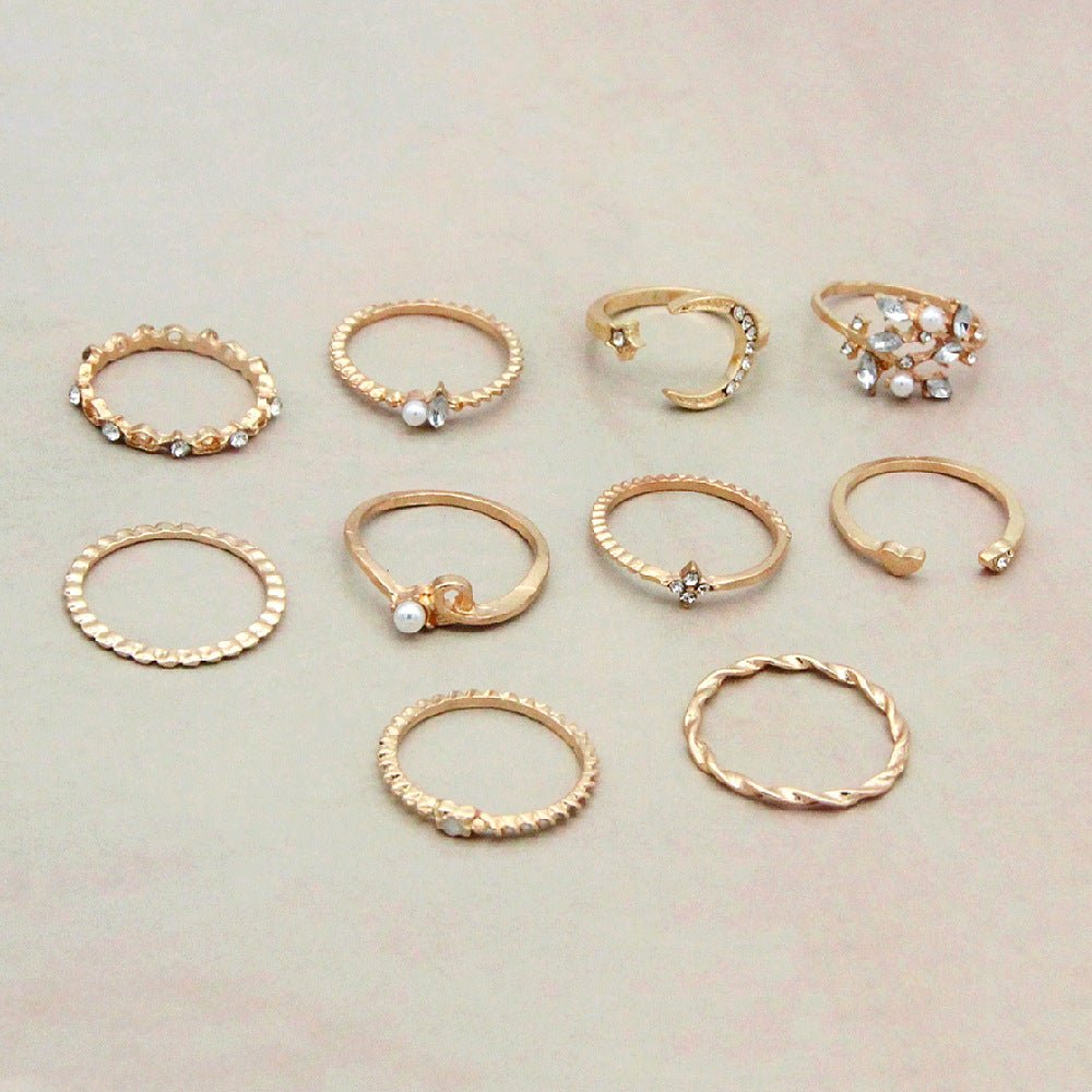Bohemian Fashion Star Moon Love Pearl Leaf 10 - Piece Ring - Serenity Spaces