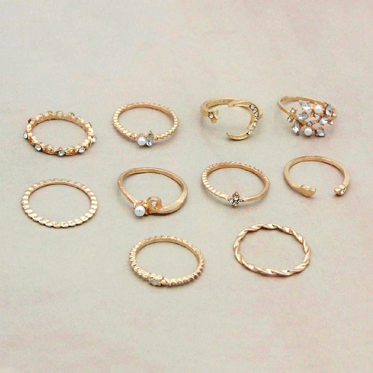 Bohemian Fashion Star Moon Love Pearl Leaf 10 - Piece Ring - Serenity Spaces