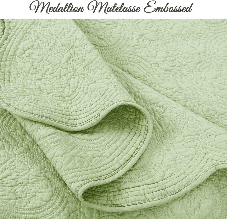 100% Cotton Medallion Matelasse Embossed Bedding Quilt Set, Reversible Lightweight Bedspread, Coverlet for All Season (Blantyre - Green, Twin - 2 Piece) - Serenity Spaces